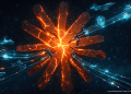 Cracked AI symbol held together by supply chain infrastructure with holographic military technology icons