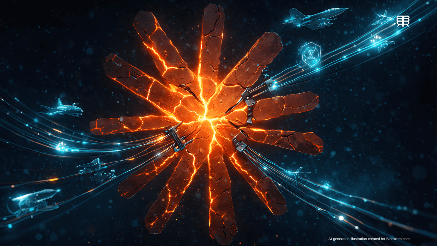 Cracked AI symbol held together by supply chain infrastructure with holographic military technology icons