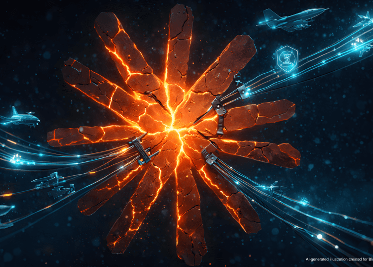 Cracked AI symbol held together by supply chain infrastructure with holographic military technology icons