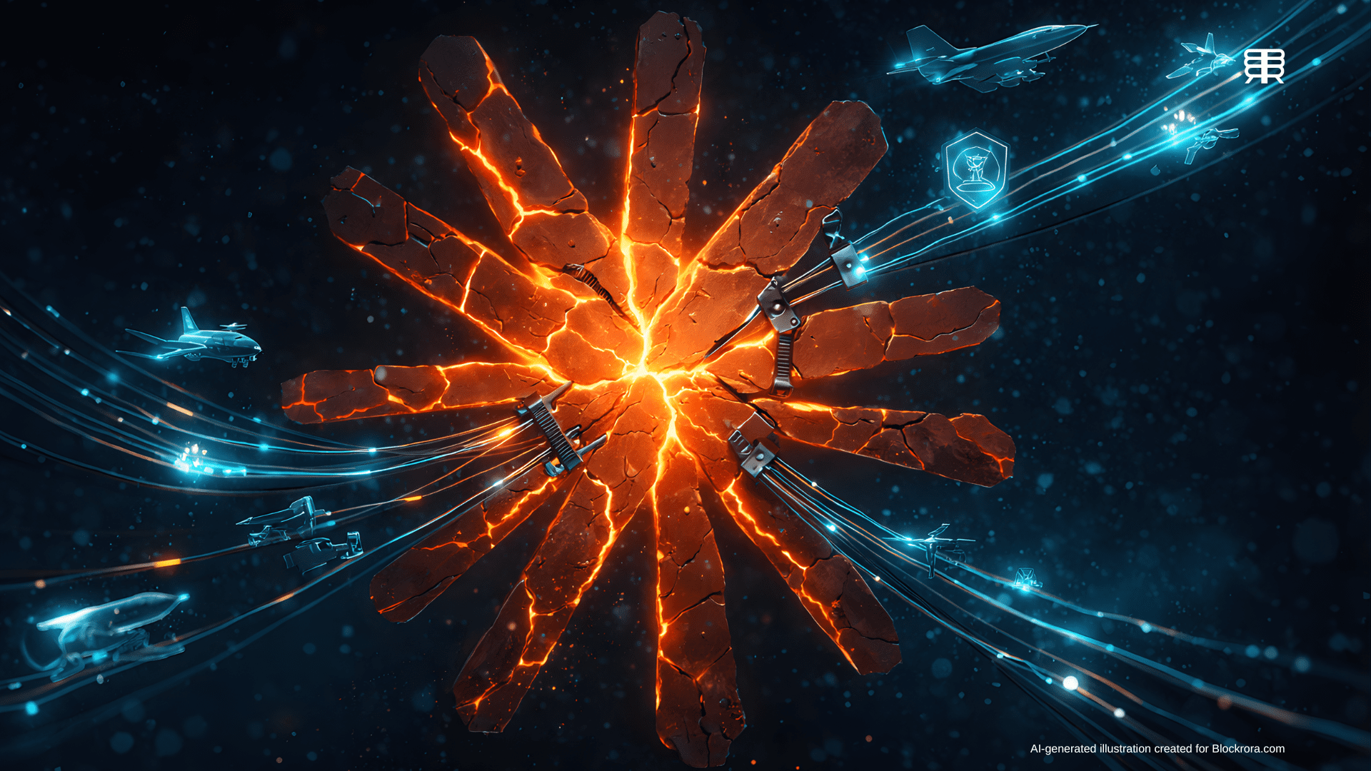Cracked AI symbol held together by supply chain infrastructure with holographic military technology icons