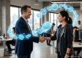 A modern tech office handshake between an employer and a developer, with a glowing ring of "AI Token" symbols floating around their clasped hands. This illustration represents "inference-as-compensation" and AI token bonuses.