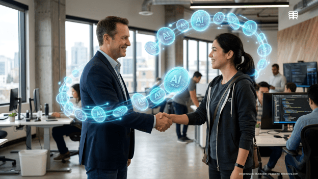 A modern tech office handshake between an employer and a developer, with a glowing ring of "AI Token" symbols floating around their clasped hands. This illustration represents "inference-as-compensation" and AI token bonuses.
