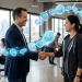 A modern tech office handshake between an employer and a developer, with a glowing ring of "AI Token" symbols floating around their clasped hands. This illustration represents "inference-as-compensation" and AI token bonuses.