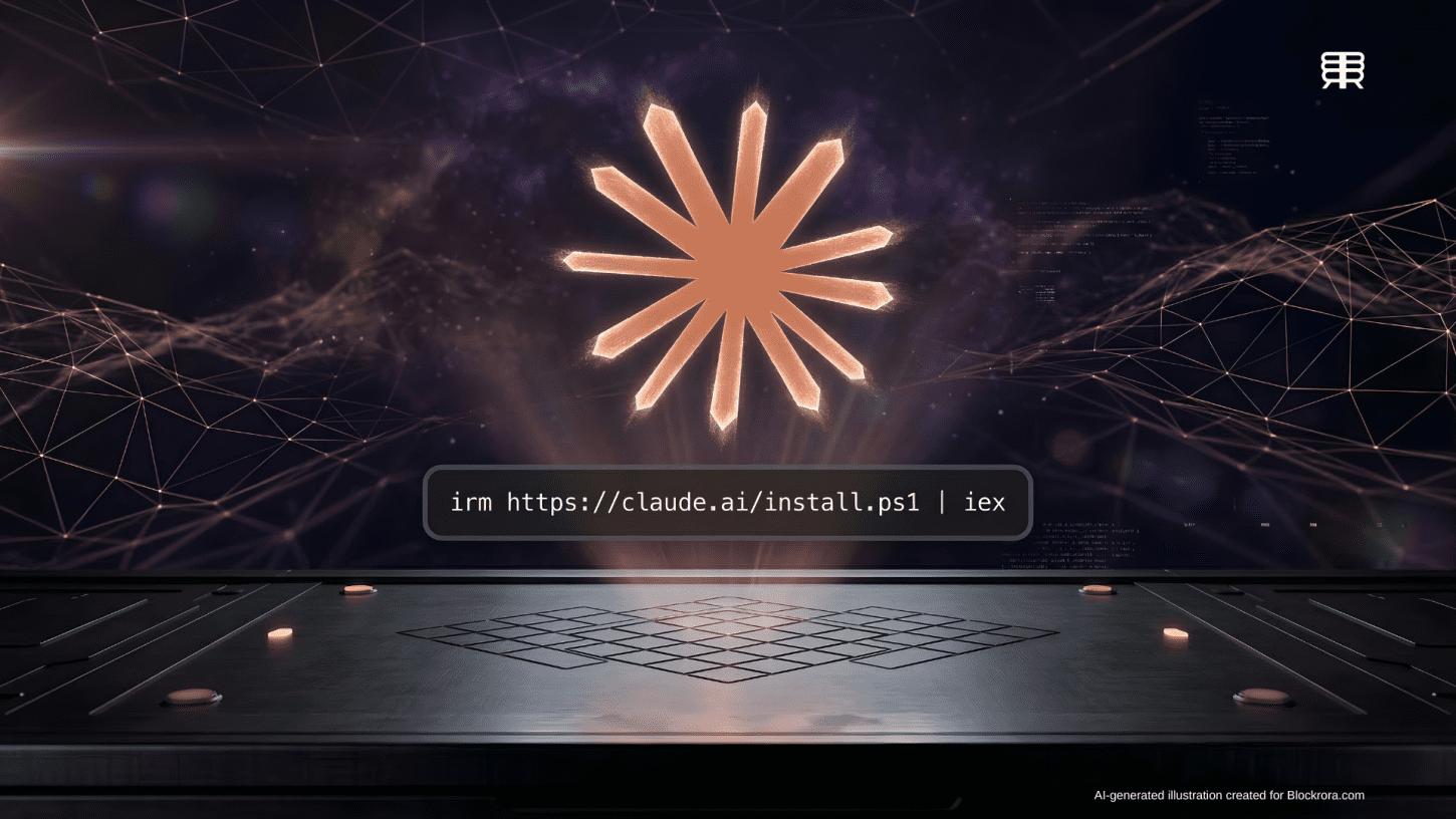 Abstract visualization of Anthropic Claude Code multi-agent system performing automated enterprise code reviews with the official Claude starburst logo and installation script.