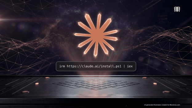 Abstract visualization of Anthropic Claude Code multi-agent system performing automated enterprise code reviews with the official Claude starburst logo and installation script.