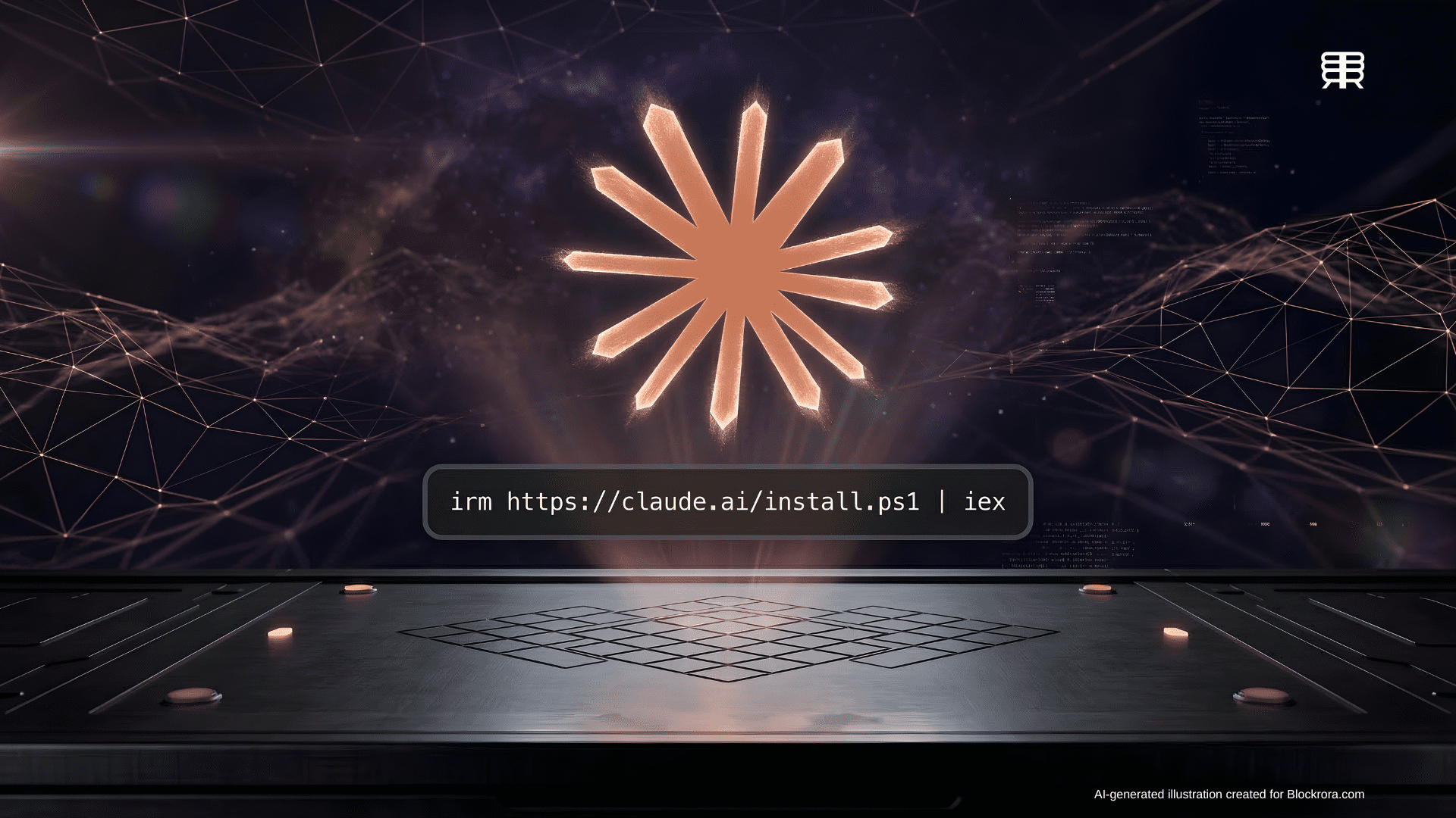 Abstract visualization of Anthropic Claude Code multi-agent system performing automated enterprise code reviews with the official Claude starburst logo and installation script.