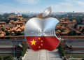 Apple logo with Chinese flag and -30% text over a blurred Beijing background, illustrating App Store commission cuts.