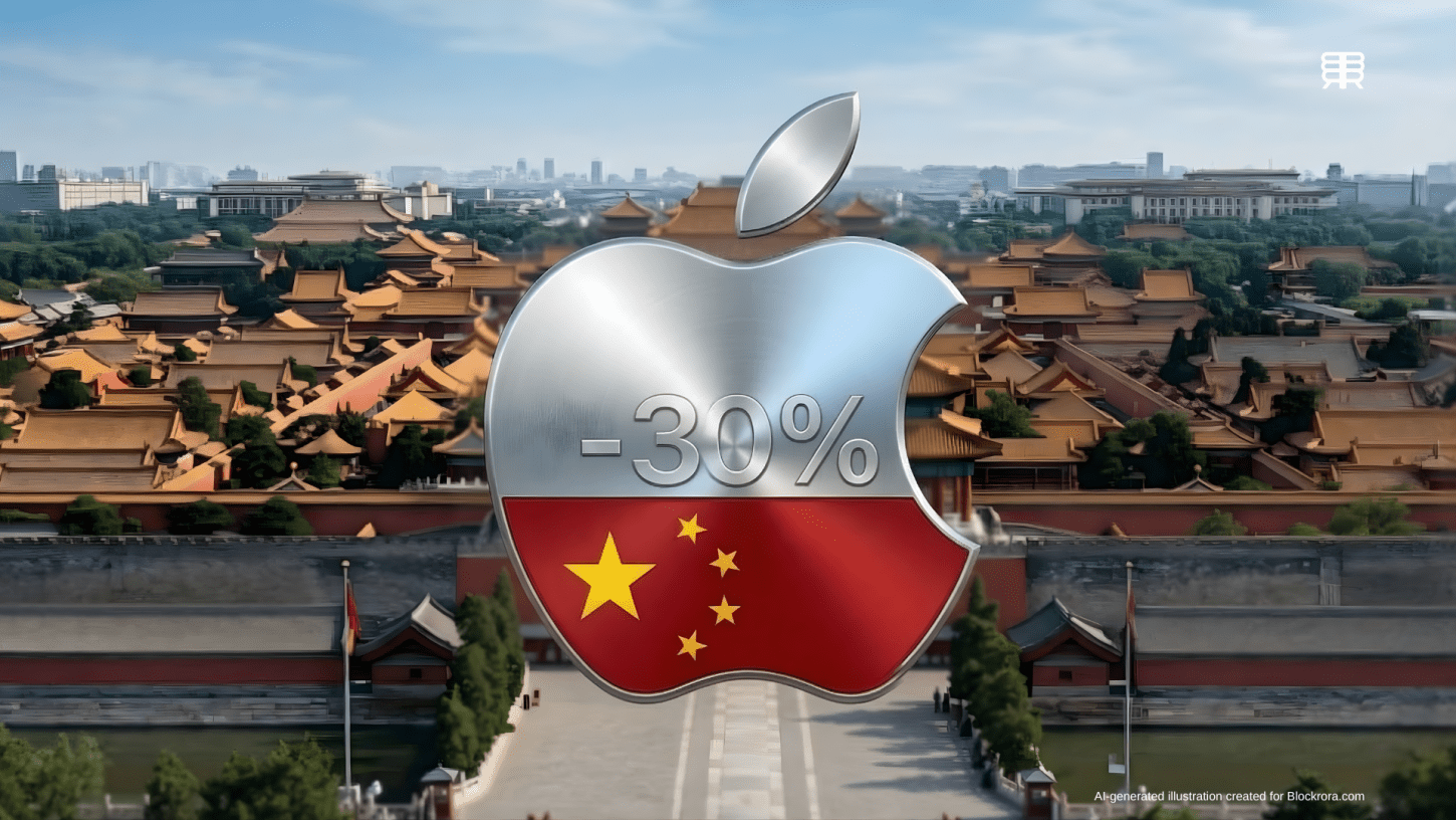 Apple logo with Chinese flag and -30% text over a blurred Beijing background, illustrating App Store commission cuts.
