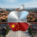 Apple logo with Chinese flag and -30% text over a blurred Beijing background, illustrating App Store commission cuts.