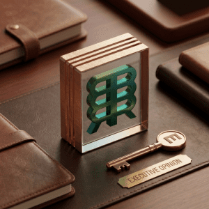A 3D metallic green Blockrora logo block sitting prominently on a leather desk blotter next to a bronze executive desk key and an 'Executive Opinion' nameplate.
