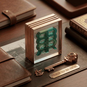 3D block containing the Blockrora logo with architectural blueprint lines visible inside, positioned next to a diving helmet key and a brass 'Premium Deep Dive Feature' nameplate.