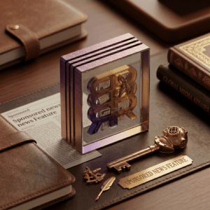 A purple and gold metallic Blockrora logo block containing mini newspaper icons, displayed on a leather desk blotter next to a vintage diving helmet key and a 'Sponsored News Feature' plaque.