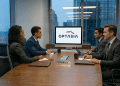A diverse group of business professionals in a boardroom at FirstRand looking at the Optasia logo on a computer screen.
