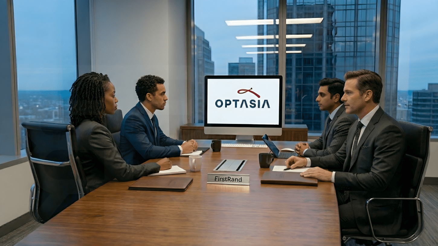 A diverse group of business professionals in a boardroom at FirstRand looking at the Optasia logo on a computer screen.