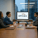 A diverse group of business professionals in a boardroom at FirstRand looking at the Optasia logo on a computer screen.