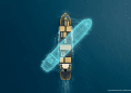 A top-down, minimalist view of an MSC container ship at sea with a glowing cyan digital ghost outline shifting away from the hull to represent GPS spoofing and electronic warfare.