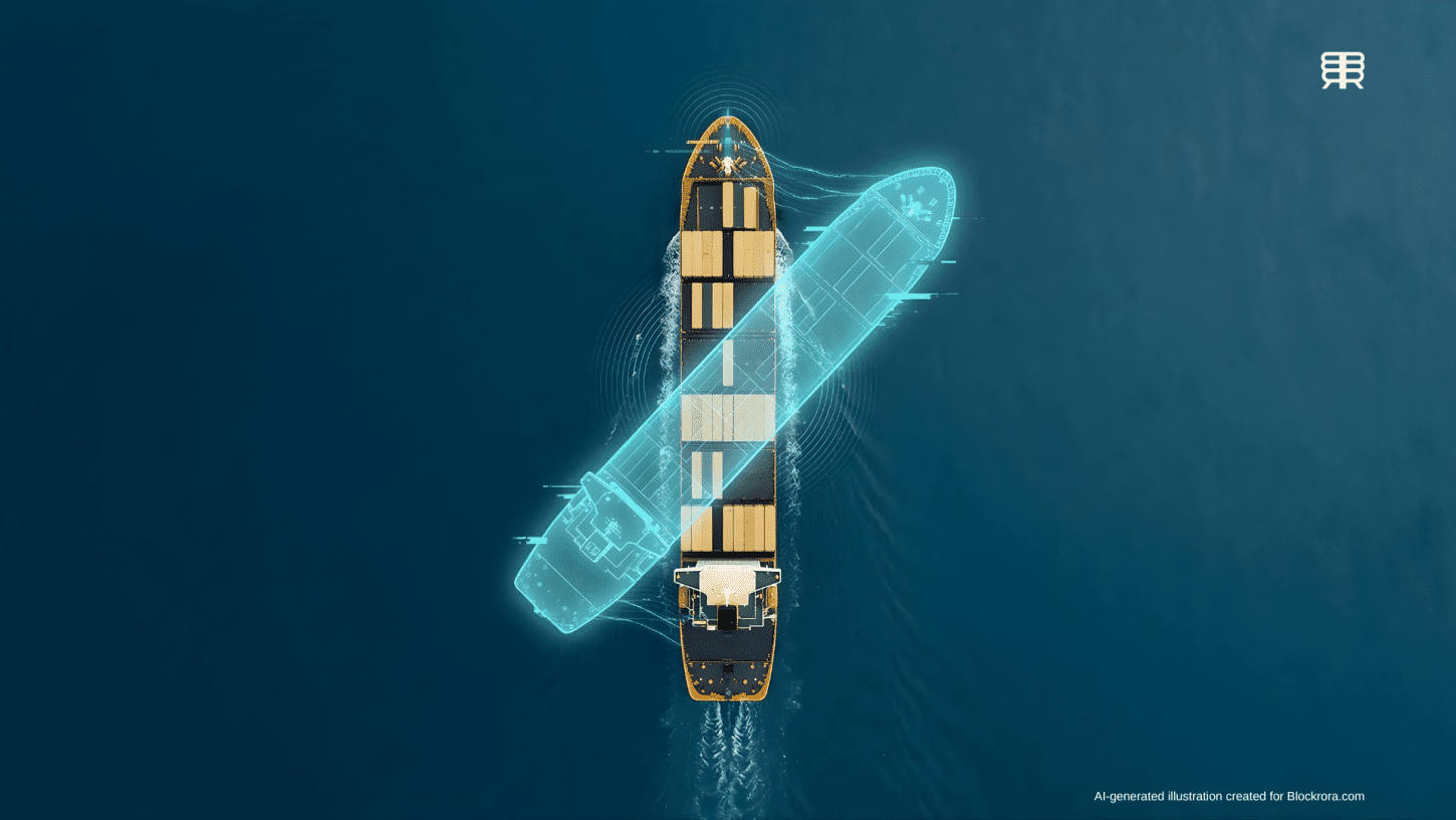 A top-down, minimalist view of an MSC container ship at sea with a glowing cyan digital ghost outline shifting away from the hull to represent GPS spoofing and electronic warfare.