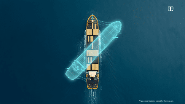 A top-down, minimalist view of an MSC container ship at sea with a glowing cyan digital ghost outline shifting away from the hull to represent GPS spoofing and electronic warfare.