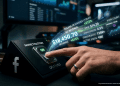 Close-up of a hand flipping a digital switch labeled "Monetisation ON" on a Facebook and Meta branded console, triggering glowing revenue metrics and analytics.