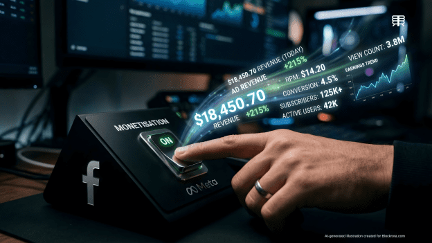 Close-up of a hand flipping a digital switch labeled "Monetisation ON" on a Facebook and Meta branded console, triggering glowing revenue metrics and analytics.