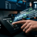 Close-up of a hand flipping a digital switch labeled "Monetisation ON" on a Facebook and Meta branded console, triggering glowing revenue metrics and analytics.
