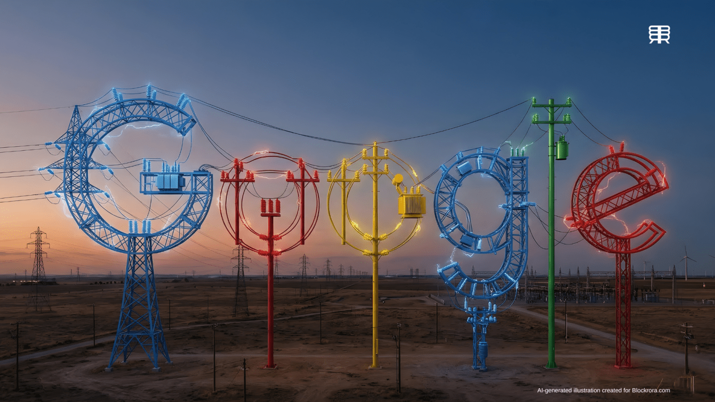 A minimalist editorial rendering of the Google G logo constructed from electrical power grid infrastructure and high-voltage lines at sunset.