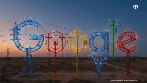 A minimalist editorial rendering of the Google G logo constructed from electrical power grid infrastructure and high-voltage lines at sunset.