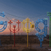 A minimalist editorial rendering of the Google G logo constructed from electrical power grid infrastructure and high-voltage lines at sunset.