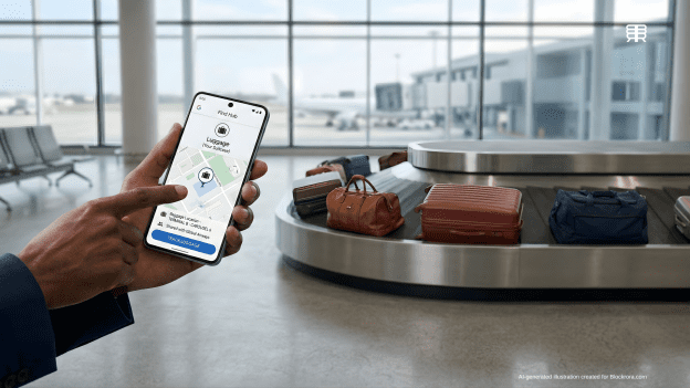 A person using an Android phone to share a luggage tracker's real-time location via Google Find Hub at an airport baggage carousel.
