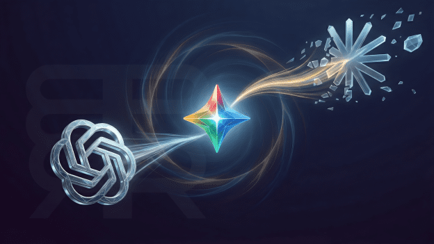 A minimalist editorial visual featuring the glowing Google Gemini star logo at the center, drawing in and absorbing the ChatGPT and Claude logos to represent memory and data migration.