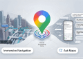 Feature visual showing Google Maps Ask Maps conversational interface and Immersive Navigation 3D view powered by Gemini Embedding Core.