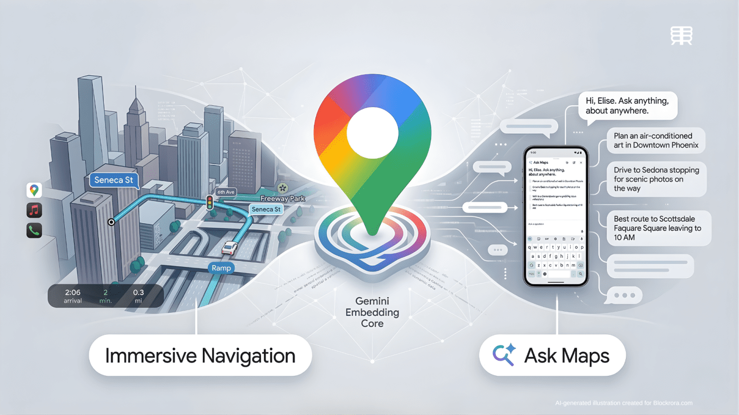 Feature visual showing Google Maps Ask Maps conversational interface and Immersive Navigation 3D view powered by Gemini Embedding Core.