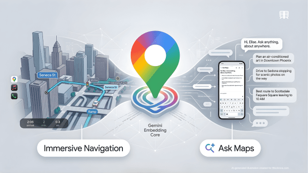 Feature visual showing Google Maps Ask Maps conversational interface and Immersive Navigation 3D view powered by Gemini Embedding Core.