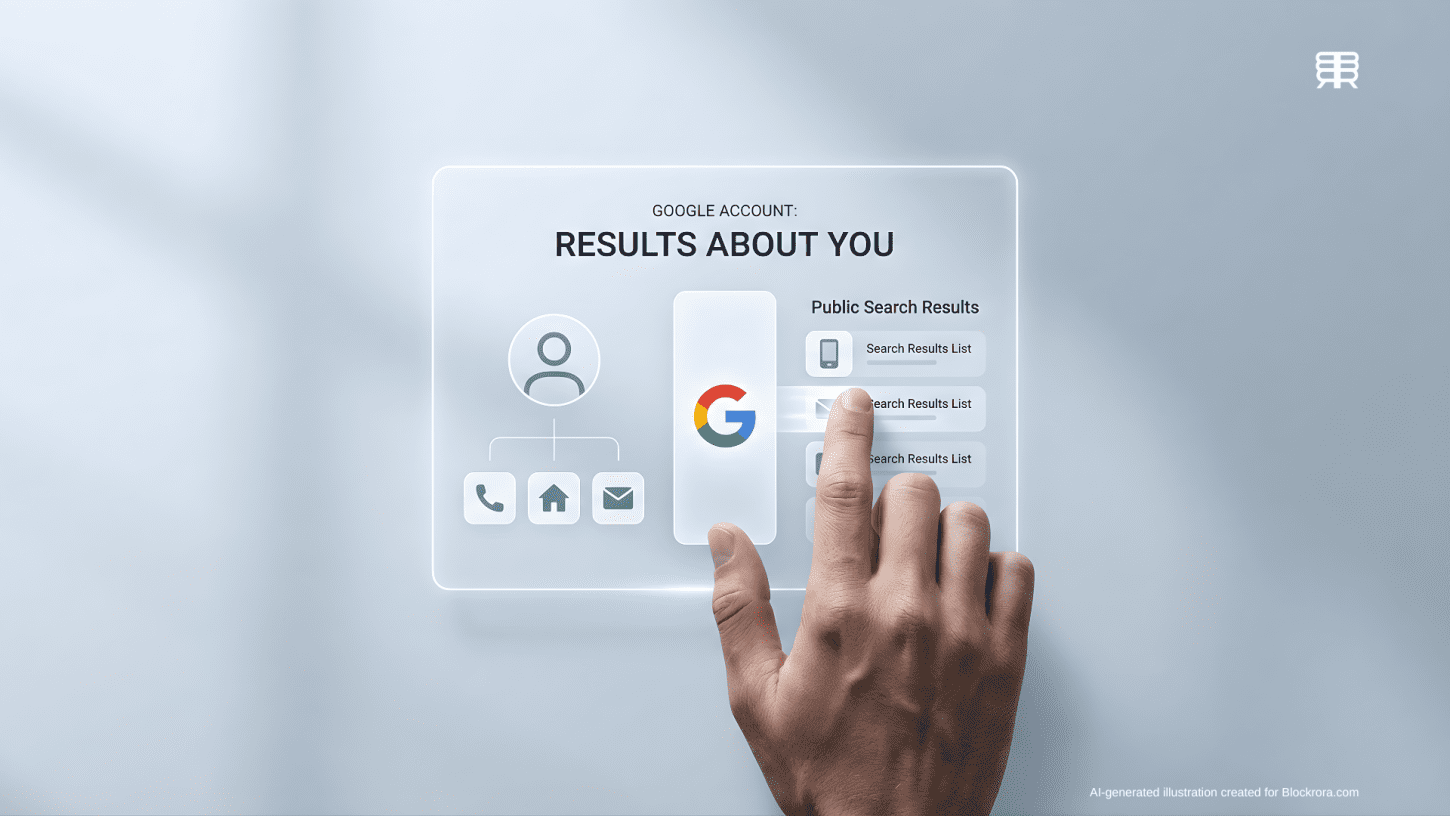 A minimalist illustration of a user interacting with the Google Results About You privacy tool to block personal information from search results.