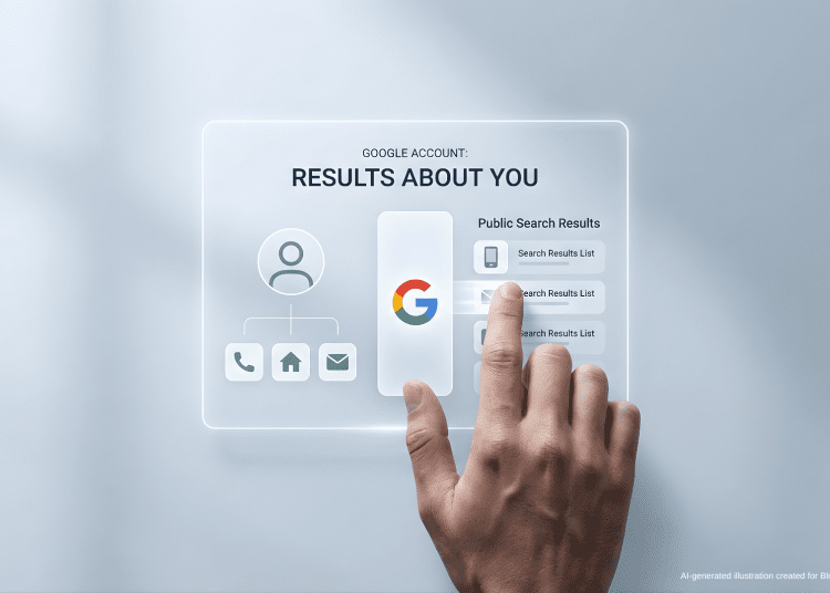 A minimalist illustration of a user interacting with the Google Results About You privacy tool to block personal information from search results.