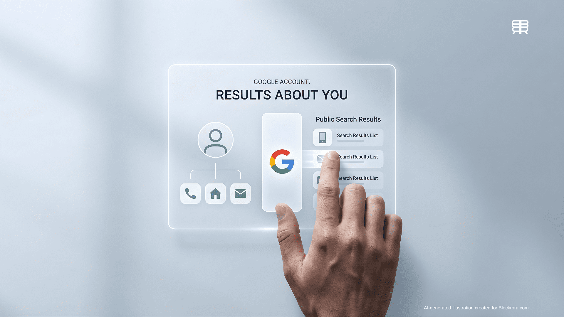 A minimalist illustration of a user interacting with the Google Results About You privacy tool to block personal information from search results.