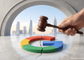 A minimalistic 3D Google logo on a cracked surface being struck by a wooden judicial gavel, symbolizing EU antitrust enforcement and the Digital Markets Act deterrent fine.