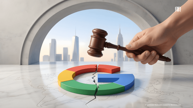 A minimalistic 3D Google logo on a cracked surface being struck by a wooden judicial gavel, symbolizing EU antitrust enforcement and the Digital Markets Act deterrent fine.