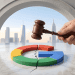 A minimalistic 3D Google logo on a cracked surface being struck by a wooden judicial gavel, symbolizing EU antitrust enforcement and the Digital Markets Act deterrent fine.
