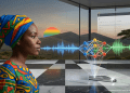 A realistic visualization of the Google WAXAL dataset, showing an African woman speaking as her voice converts into digital audio waves and processes through a neural network into an open-source repository.