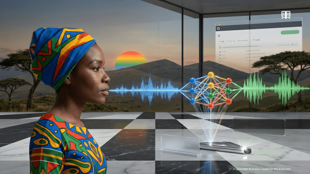 A realistic visualization of the Google WAXAL dataset, showing an African woman speaking as her voice converts into digital audio waves and processes through a neural network into an open-source repository.