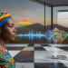 A realistic visualization of the Google WAXAL dataset, showing an African woman speaking as her voice converts into digital audio waves and processes through a neural network into an open-source repository.