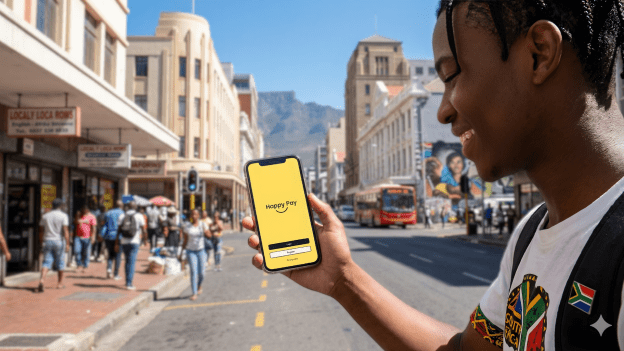 A young South African man smiling while using the Happy Pay app on a smartphone in the Cape Town CBD with Table Mountain in the background.