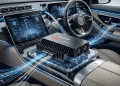 The Lenovo Auto AI Box hardware, powered by Nvidia Drive AGX Thor, centered in a modern vehicle cabin with digital data streams connecting to the dashboard displays.