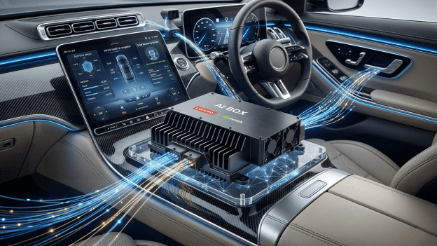 The Lenovo Auto AI Box hardware, powered by Nvidia Drive AGX Thor, centered in a modern vehicle cabin with digital data streams connecting to the dashboard displays.