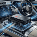 The Lenovo Auto AI Box hardware, powered by Nvidia Drive AGX Thor, centered in a modern vehicle cabin with digital data streams connecting to the dashboard displays.