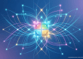 Abstract 16:9 editorial visual featuring the Microsoft four-color logo at the center of a glowing network of interconnected nodes, representing Wave 3 AI agents and Work IQ.