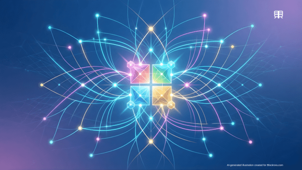 Abstract 16:9 editorial visual featuring the Microsoft four-color logo at the center of a glowing network of interconnected nodes, representing Wave 3 AI agents and Work IQ.