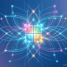 Abstract 16:9 editorial visual featuring the Microsoft four-color logo at the center of a glowing network of interconnected nodes, representing Wave 3 AI agents and Work IQ.
