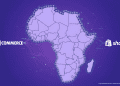A minimalistic map of Africa with shopping cart icons on borders, flanked by WooCommerce and Shopify logos on a purple background.